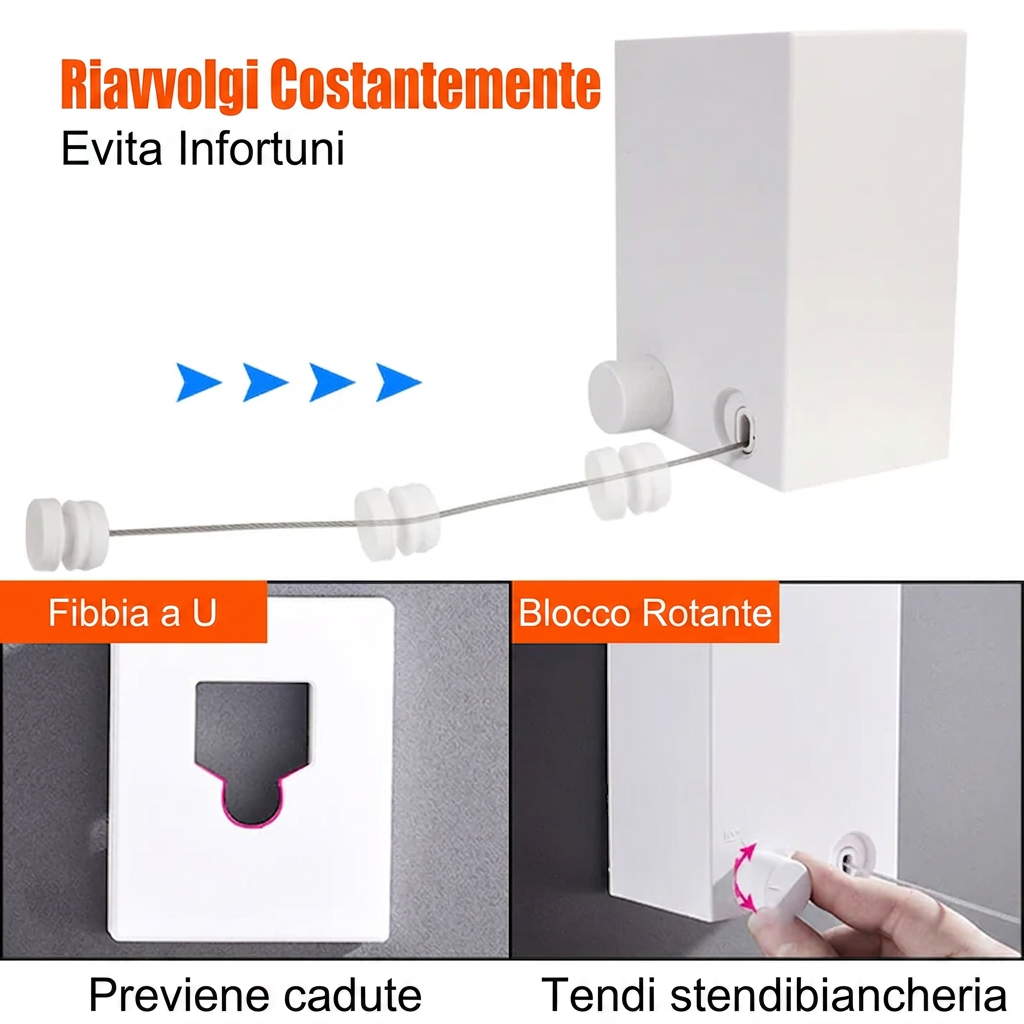 Retractable Clothesline 4M Wall-mounted Washing Clothes Hanger Laundry Drying Line Indoor Outdoor Balcony Invisible Drying Lines